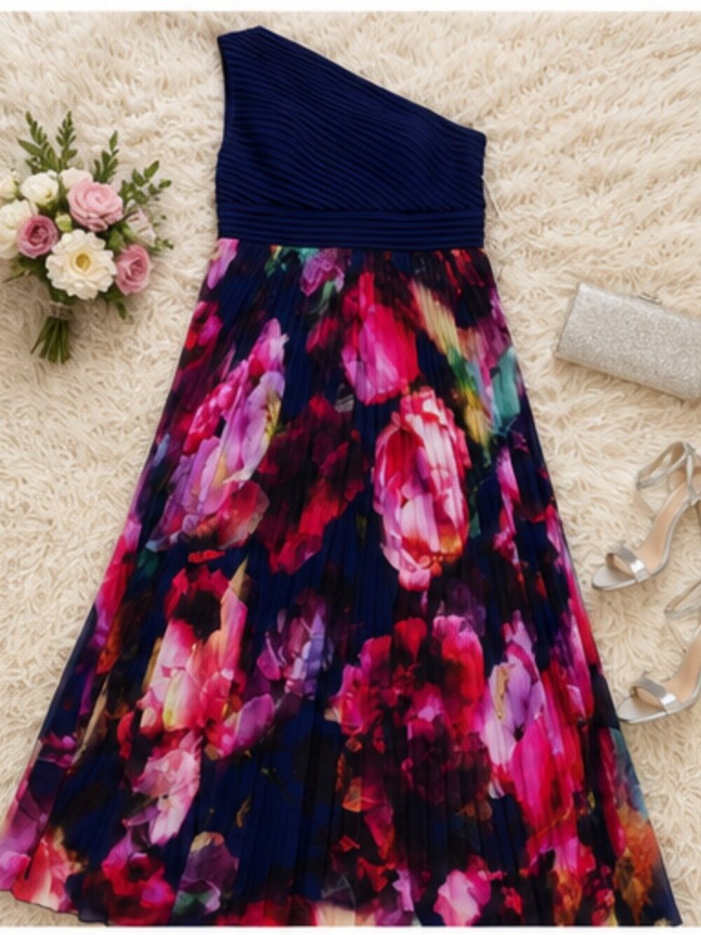 Xscape Plus Size One-Shoulder Pleated Floral Gown – Navy/Fuchsia – Size 14W NWT